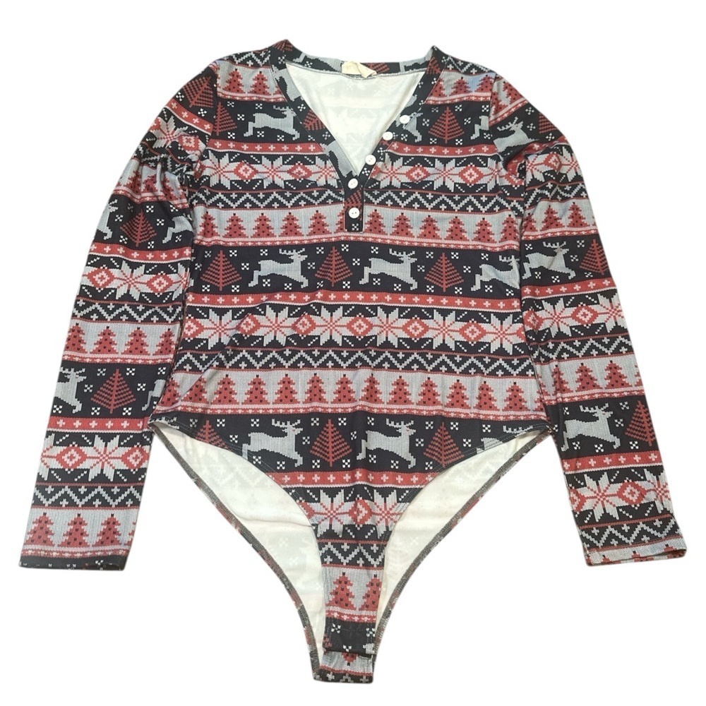 Nanamacs Holiday Bodysuit Size Large Black Red Gray Long Sleeve Henley Stretch - Picture 2 of 11